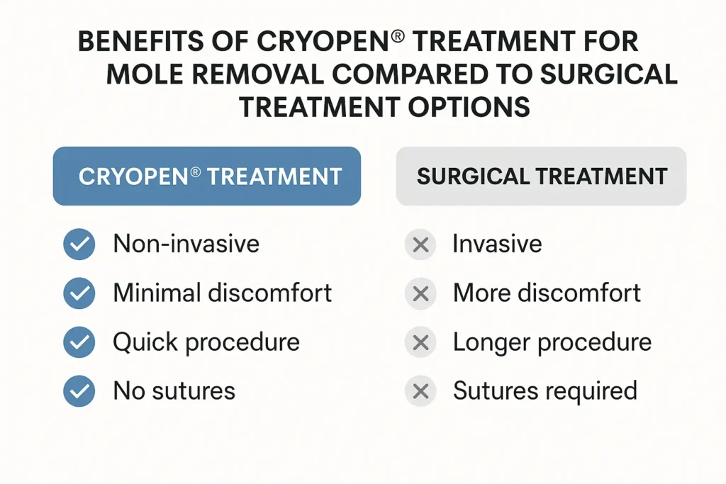Table to show the benefits of getting moles removed Brent Park from LA LIPO