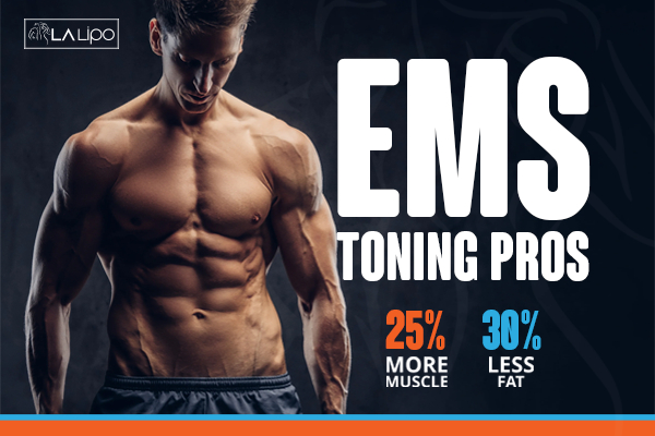 Graphic of man with toned body showing the benefits of LA-EMS Body Sculpting Brent Park treatment