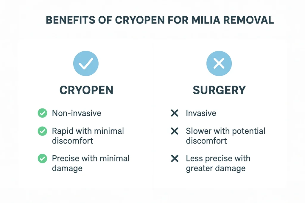 Benefits of cryopen for milia removal Brent Park compared to surgical treatments.