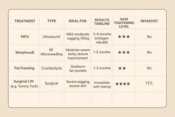 Table showing the comparisons of Skin tightening Brent Park treatment options.